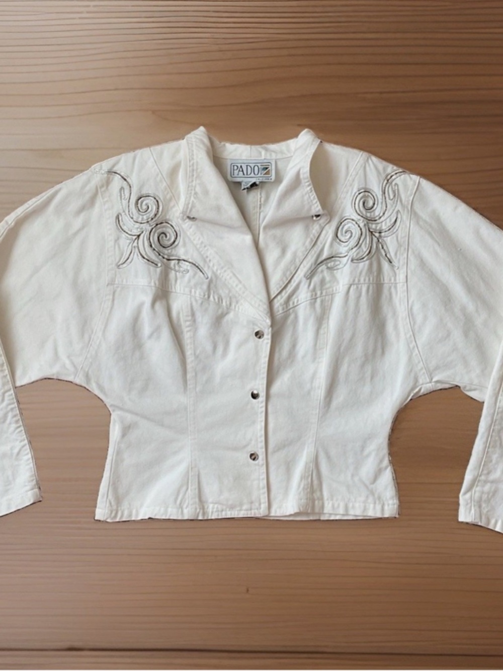 VTG 80s PADO Sz M White Denim Cropped Jacket Silver Embroidered Dolman Sleeve